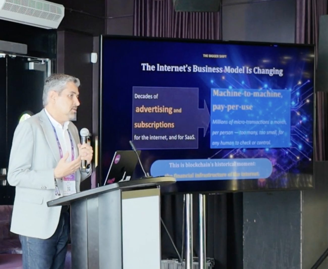 Slide reading The Internet's Business Model Is Changing, from decades of advertising and subscriptions to machine-to-machine pay-per-use