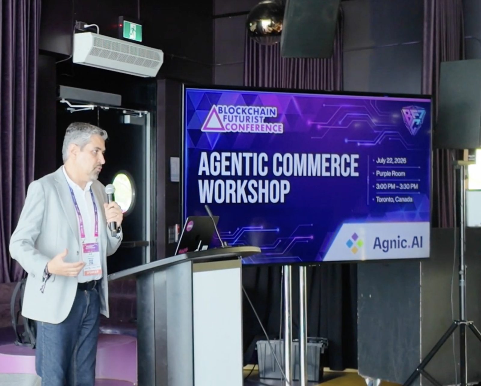 Agnic presenter opening the Agentic Commerce Workshop in the Purple Room