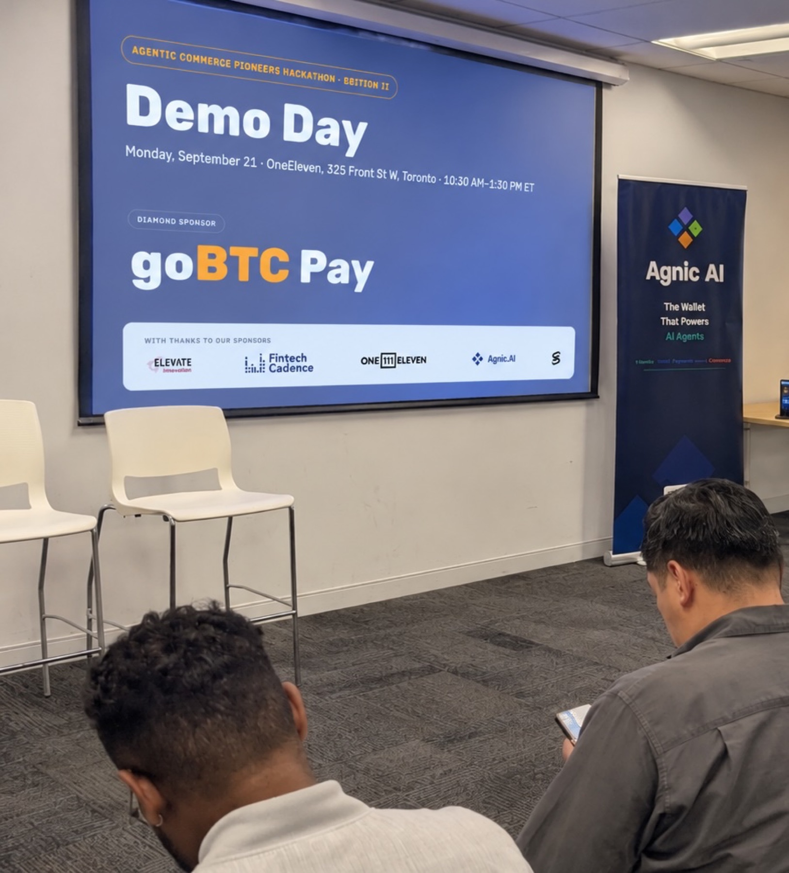 Demo Day title screen at OneEleven beside the Agnic.AI banner